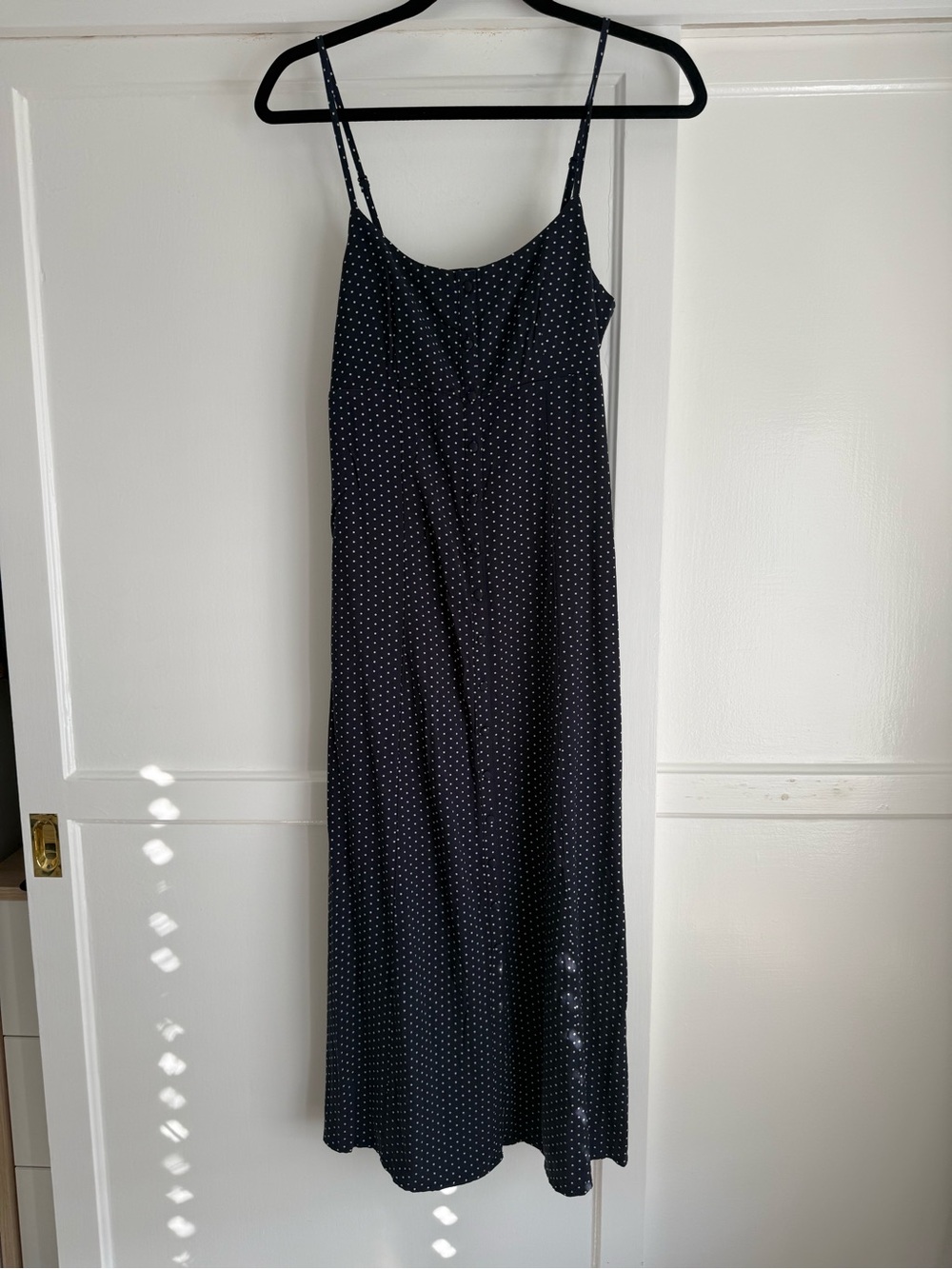 Polka Dot Maxi Slip Dress in Navy with Spaghetti Straps